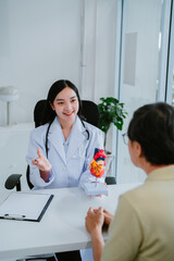 Homecare nursing service and elderly people cardiology healthcare. Close up of young hispanic female doctor nurse check mature caucasian man patient heartbeat using stethoscope during visit
