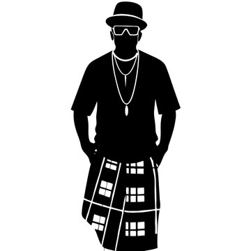 A silhouette a man wearing t-shirt and lungi on white background
