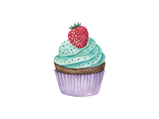 Delicious watercolor illustration of cupcake topped with fresh strawberry in vibrant colors, perfect for dessert menus, food packaging, and bakery branding design