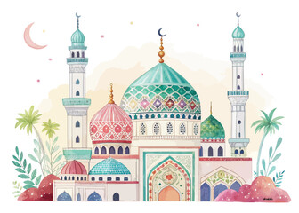 Watercolor background featuring Islamic architecture, mosque silhouette with floral leaves pattern, ideal for Ramadan, Eid, or Muslim spiritual themed decorations
