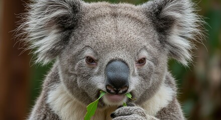 Obraz premium Close Up Portrait Of A Koala Bear Eating Green Leaves With Gray And White Fur