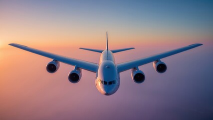 Naklejka premium An airplane soaring through a colorful sunset sky, showcasing a dramatic gradient of hues and dynamic shapes