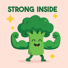 Vector illustration of a smiling broccoli character with muscular arms, flexing proudly under the motivational phrase 