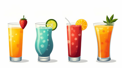 A set of four colorful and vibrant cocktail with transparent isolated backgrounds.