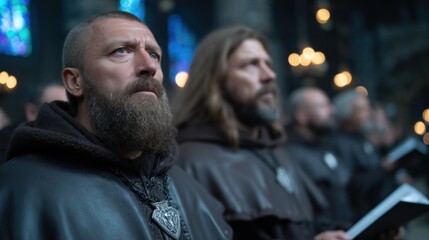 Obraz premium Bearded monks dressed in brown robes stand attentively inside a grand cathedral, surrounded by colored stained glass and warm candlelight. atmosphere is solemn as they engage in prayer