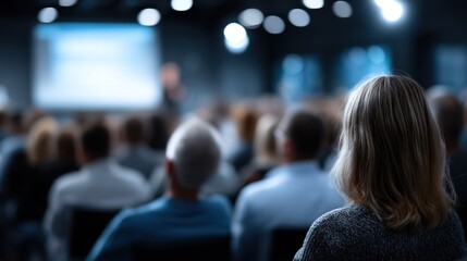 Attendees are focused on a speaker at a professional conference held in a contemporary venue filled with soft lighting and a large screen displaying content