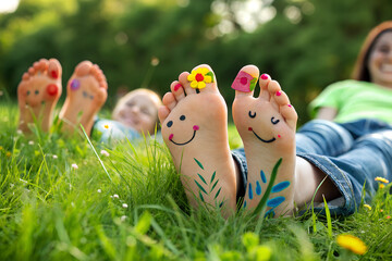 Fototapeta premium Colourful Easter eggs, including yellow and pink, nestled in green grass and held in a child's hand, celebrate the spring holiday with toy chicks ai generated