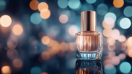 Naklejka premium Elegant Perfume Bottle with golden lid on a reflective surface with a bokeh background