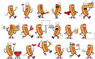 Hot Dog Cartoon Mascot Character. Vector Hand Drawn Collection Set Isolated On Transparent Background