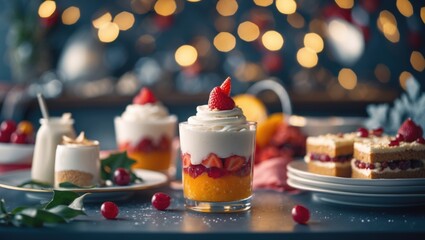 Delicious layered desserts in glass cups with fresh strawberries and whipped cream, festive ambiance