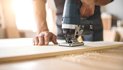 _Low angle of closeup unrecognizable carpentry master milling timber using modern elec.