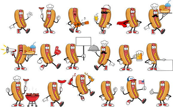 Hot Dog Cartoon Mascot Character. Vector Hand Drawn Collection Set Isolated On Transparent Background