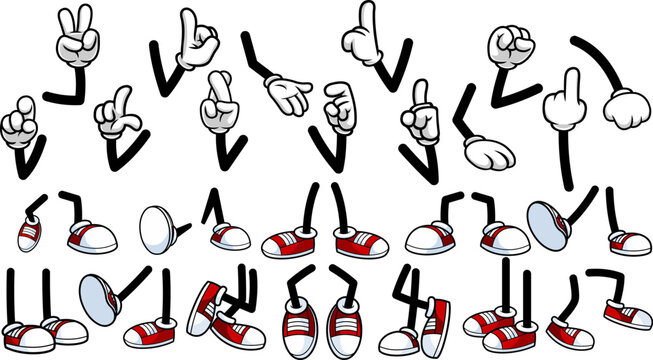 Retro Cartoon Character Arms And Legs With Gloves And Sneakers &ndash; Vector Hand Drawn Collection Set Isolated On Transparent Background