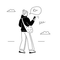 The girl walks and holds the phone in front of her. Chat, discuss, write a message online while moving. A black and white hand-drawn illustration.