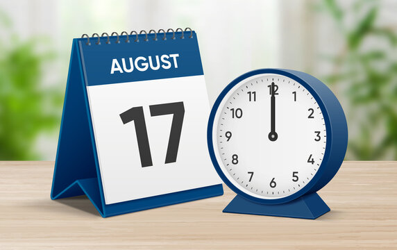 Date 17 August time 12 oclock. August 17 desk calendar and round table clock showing time 12 00. Realistic calendar and clock composition 3d illustration. Scheduled date and time planner design