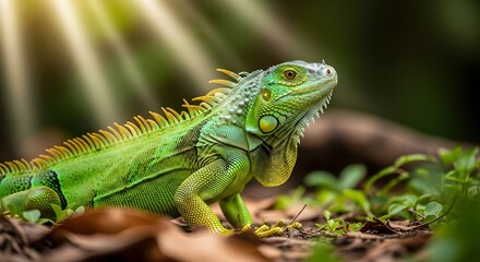 Fototapeta premium Green and yellow cute iguana african forest 