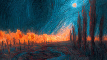 Fototapeta premium emotive visual for modern spirituality article | night as psyche | restless longing | Prussian blue and orange | curved horizon lines | burning sunflowers | vortex movement | textural buildup |