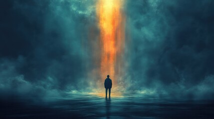 Solitary Figure Beneath Ascending Celestial Light Conceptualizing Hope Spiritualism And New Beginnings