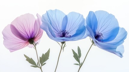 Ethereal Floral Trio featuring Translucent Poppies in Delicate Blue Violet and Soft Pink on White