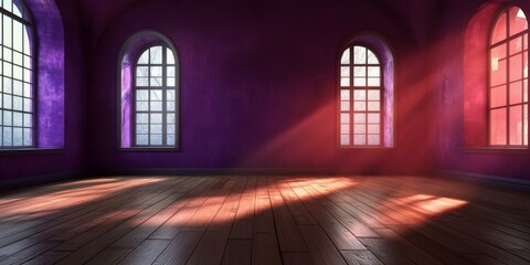 Fototapeta premium Sunlit Arches Abstract Room Featuring Hardwood Floor and Purple Walls with Ornate Windows and Light