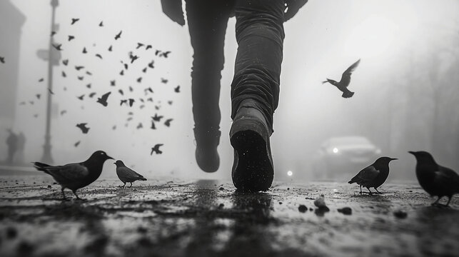 Fototapeta Black and white photography of birds and person walking in fog street urban scene monochrome art photo
