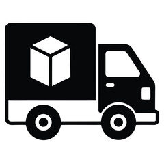Black Silhouette of Delivery Truck with Box, Logistics Icon, Cargo Vehicle Simple Art