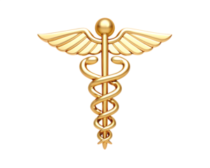 Golden caduceus medical symbol isolated on a white background