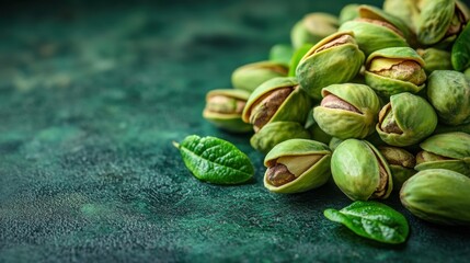 Emerald Pistachios on Textured Green Surface Gourmet Snack Fresh Nuts Healthy Food Concept