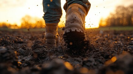 Focused Boots Striding Across the Moist Soil at Sunset Time Agricultural Land Close Up View