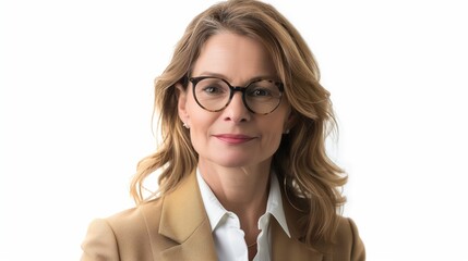 perfectly composed portrait of a businesswoman wearing glasses and a sleek golden e suit 