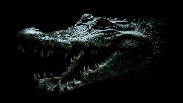 A close up of a crocodile's face with its mouth open. The image has a dark and moody atmosphere