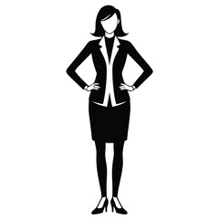 Fototapeta premium Black Silhouette Confident Businesswoman Stands With Hands on Hips, Complete Outfit