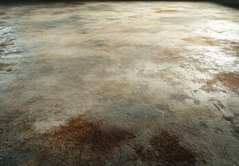 A dirty and stained concrete floor texture, soiled with dust, dirt, and rust stains.