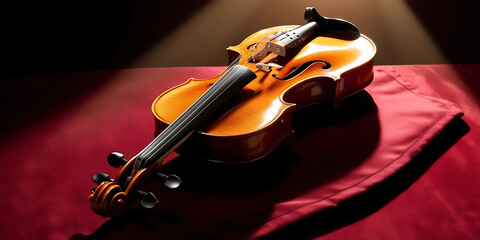 Fototapeta premium Polished Wooden Violin on Red Fabric with Soft Spotlight