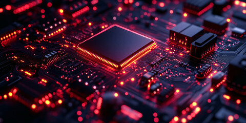Obraz premium Close-up of a circuit board with a central processing unit, illuminated in red.