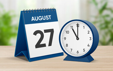 Date 27 August time 11 oclock. August 27 desk calendar and round table clock showing time 11 00. Realistic calendar and clock composition 3d illustration. Scheduled date and time planner design