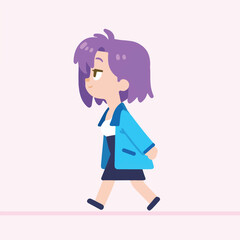 Animated Character with Purple Hair Walking Forward Wearing Blue Jacket
