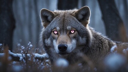 Obraz premium A close-up of a wolf with striking glowing eyes in a snowy forest during winter, capturing its fierce beauty and wild nature