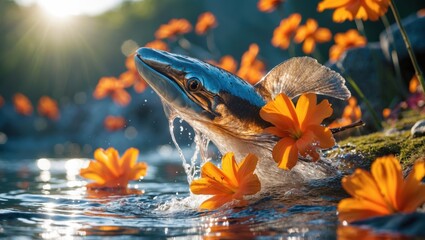 A vibrant fish emerging from a sparkling water surface surrounded by orange flowers, under golden sunlight