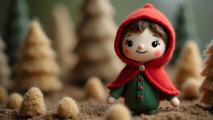 a figurine of a young girl wearing a red hooded cape, standing in a forest with pine trees in the background, detailed 3D render, highly realistic, intricate details, sharp focus, cinematic lighting