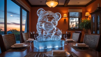 Intricate ice sculpture of a bear at a beautifully set dining table with sunset views