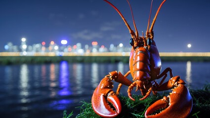 Vibrant red lobster perched on green seaweed against a shimmering city skyline at night