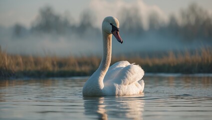 A majestic swan gliding gracefully on a serene lake surrounded by misty wetlands at dawn