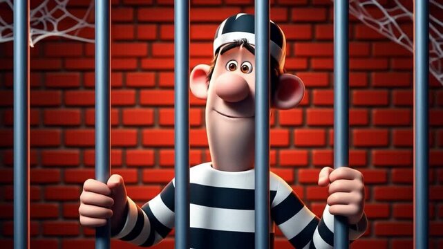 A happy 3D cartoon prisoner with a wide smile holds onto prison bars against a red brick wall, conveying a humorous or lighthearted take on incarceration and funny characters.
