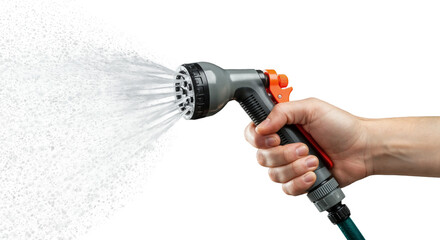 Hand holding a garden hose nozzle spraying water for irrigation