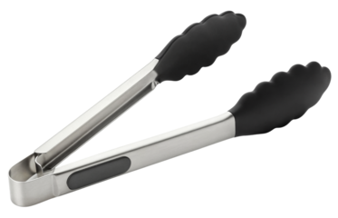 Stainless steel kitchen tongs with black tips for cooking and serving