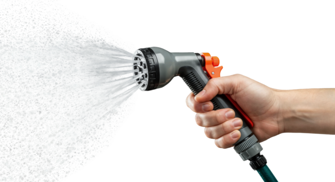 Hand holding a garden hose nozzle spraying water for irrigation
