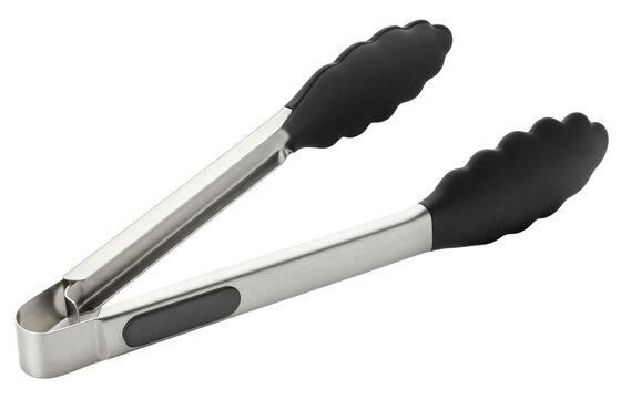 Stainless steel kitchen tongs with black tips for cooking and serving