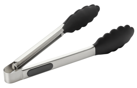 Stainless steel kitchen tongs with black tips for cooking and serving