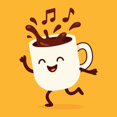 Cute vector illustration of a happy coffee cup character dancing joyfully with splashing coffee and musical notes around. 